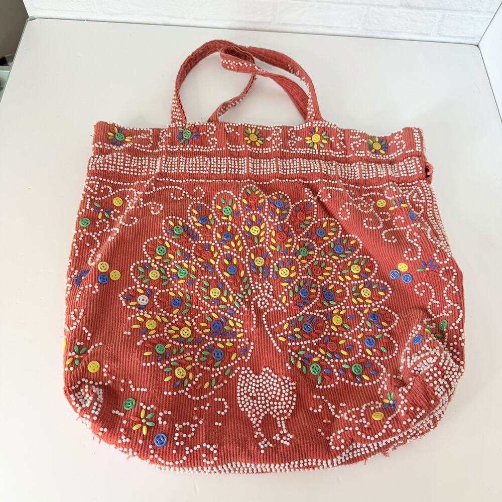 Vintage Red Beaded Peacock Purse Retro Boho Hippie Handmade Seed Beads 70's - Picture 4 of 6
